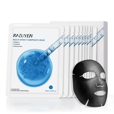 Charcoal Face Sheet Mask, Anti-Aging, Detoxifying &amp; Moisturizing face mask for Sensitive Skin with Centella Asiatica, Vitamin B5, Glass Skin Face Mask for after Microneedling, 10 Sheets