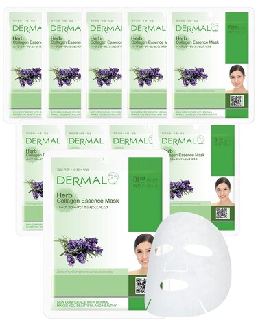 DERMAL Herb Collagen Essence Facial Mask Sheet 23g Pack of 10 - Skin Clear and Purifying, Pore Tightening, Calming for Oily Skin, Daily Skin Treatment Solution Sheet Mask