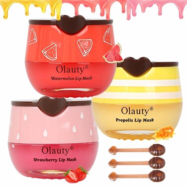 3 PCS Bee Lip Balm Lip Mask Honey Pot, Honey &amp; Strawberry &amp; Watermelon Lip Mask Overnight Moisturizing Honey Lip Balm, Sleeping Lip Mask Hydrating Prevention Dry &amp; Cracked Lip Scrubs Lip Care