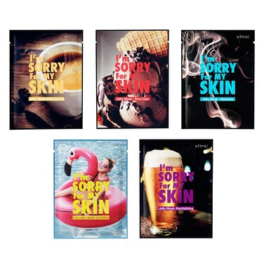 I'M SORRY FOR MY SKIN Jelly Mask Full Set for Skin Stress Relief, Korean Skin Care Travel Essentials Kit, K-Beauty Glass Skin Hydrating Face Mask Sheets, Gifts for Women (Pack of 5)