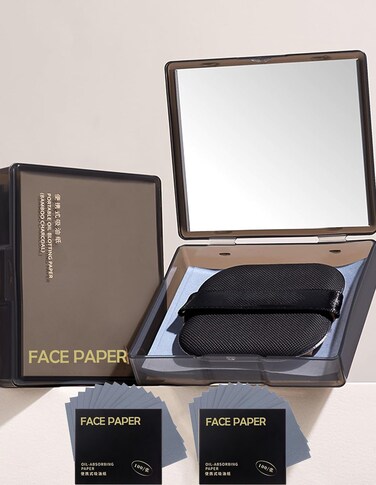 Bamboo Charcoal Oil Blotting Paper - 300 Sheets w/Mirror, Puff &amp; Refills, Absorbs Excess Face Oil, Controls Shine, Gentle for Makeup Use