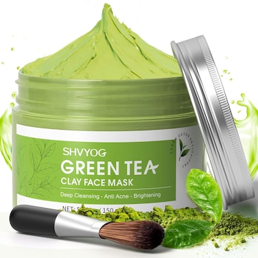 SHVYOG Green Tea Face Mask, Antioxidant Green Tea Clay Mask with Volcanic Mud, Deep Cleansing &amp; Moisturizing &amp; Hydrating Clay Facial Mask for Pores, Blackheads, Wrinkles, Dirts