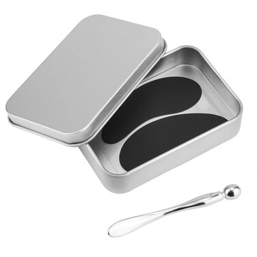 Reusable Eye Patch, Silicone Reusable Eye Gel Pads Eye Wrinkle Patches Under Eye Mask, Plump Fine Lines &amp; Wrinkles with Metal Eye Cream Applicator &amp; Tin Case (Black)