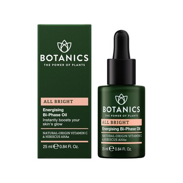 Botanics All Bright Facial Oil - Energizing Bi-Phase Face Oil for Gua Sha and Everyday Radiance - Lightweight &amp; Non-Greasy Glow Serum - Brighten Dull and Uneven Skin (0.84 Fl Oz)