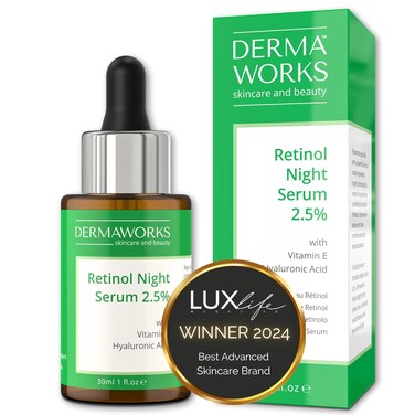 DERMAWORKS Retinol Serum for Face &ndash; Resurfacing Retinol Serum for Fine Lines and Wrinkles Treatment &ndash; Night Serum for Face &ndash; Deep Wrinkle Serum with Vitamin E &amp; Hyaluronic Acid &ndash; 30ml
