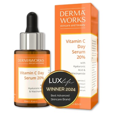 DERMAWORKS Vitamin C Face Serum &ndash; Skin Brightening Serum - Vitamin C Serum for Face - Dark Spot Correcting Glow Serum with Hyaluronic Acid &amp; Niacinamide - Hydrating, Anti Aging, Anti Wrinkle - 30ml