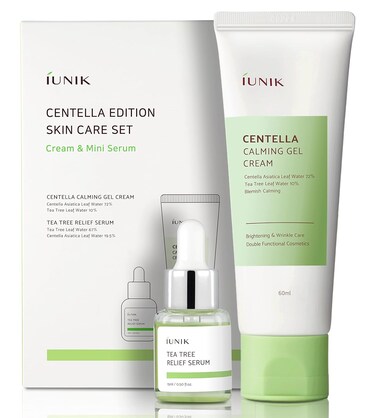 iUNIK Centella Edition Skincare Set (Cream 2.02 fl.oz. &amp; Mini Serum 0.51 fl.oz.) - Centella Asiatica and Tea Tree Leaf Waters to Soothe, Calm, Moisturize, and Protect the Skin
