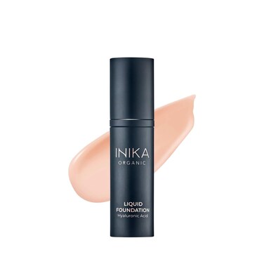 INIKA Organic Full Coverage Liquid Foundation Makeup with Hyaluronic Acid and Argan Oil, Vegan and Organic Foundation for Skin Elasticity and Plumpness, Natural Coverage, Porcelain, 30ml
