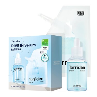 Torriden DIVE IN Serum 1.69 fl oz + refill pouch 1.69 fl oz   Deep Hydration to Get Glow Skin   Hyaluronic Acid, Panthenol, Allantoin   Korean Facial Serum