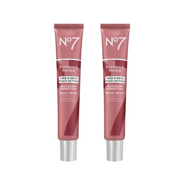 No7 Restore &amp; Renew Face &amp; Neck Multi-Action Serum - Collagen Peptide Anti-Aging Facial Treatment - Hyaluronic Acid Hydrating + Pro Retinol Skin Firming Hibiscus Peptides (2 Pack, 1.69 Fl Oz Each)