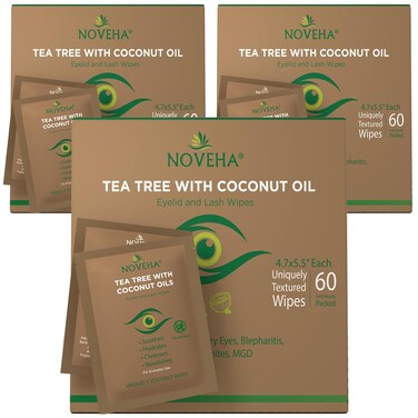 NOVEHA Tea Tree &amp; Coconut Oil Eyelid &amp; Lash Wipes   For Demodex, Blepharitis &amp; Itchy Eyes - Effective Eyelash Wipes With Aloe Vera, Natural Makeup Remover &amp; Daily Eye Cleanser - 60PCS (Pack of 3)