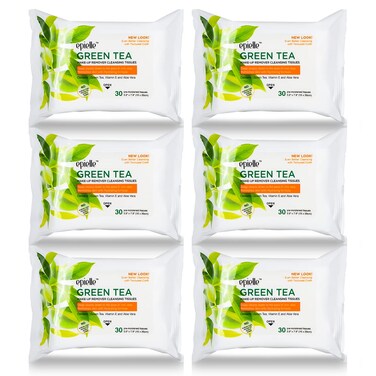Epielle New Makeup Remover Cleansing Wipes Tissue - Cucumber 30 Count 6 Pack   Gentle for all Skin Types   Daily Facial Cleansing Towelettes   Removes Dirt, Oil, Makeup (Green Tea)