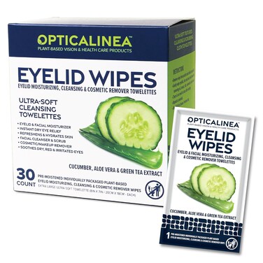 EYELID &amp; LASH Ultra Soft Moisturizing Natural Plant Based Cucumber, Green Tea &amp; Aloe Vera Extra Large 8"x7" Dry Eye Hypoallergenic Rinse Free Scrub &amp; Cosmetic Makeup Remover Wipes 30ct