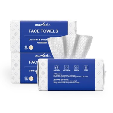 Ourmed Life Disposable Face Towels, Ultra Soft Biodegradable Facial Wipes for Sensitive Skin, Dry Wipes for Makeup Remover &amp; Skincare, Travel Pack - Thicker 240 Count