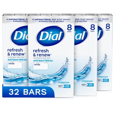 Dial Antibacterial Bar Soap, Refresh &amp; Renew, White, 4 oz, 32 Bars