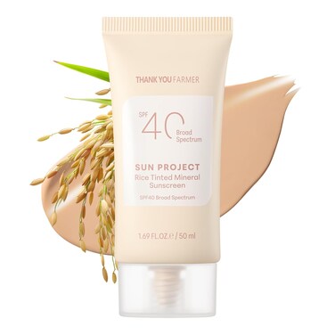 THANKYOU FARMER Sun Project Rice Tinted Mineral Sunscreen SPF40 Broad Spectrum - Korean Face Sunscreen with Zinc Oxide - Tinted SPF with No White Cast, Dermatologist-Tested - 1.69 fl oz