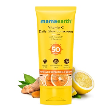 Mamaearth Vitamin C Daily Glow SPF 50 Sunscreen with PA+++   Reduces Tanning &amp; Gives Broad Spectrum Sun Protection   No Whitecast &amp; Non-Greasy   2.82 Oz/80g