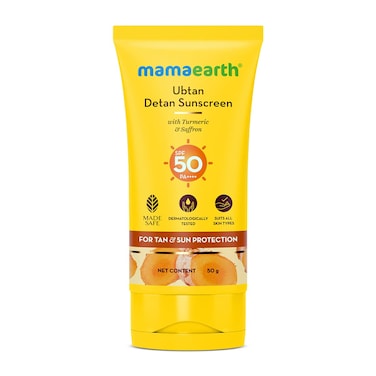 Mamaearth Ubtan Detan Sunscreen with SPF 50 &amp; PA++++   Broad Spectrum Protection   Helps Reduce Tanning with Turmeric &amp; Saffron   Non-Greasy &amp; Lightweight   1.76 Oz/50g