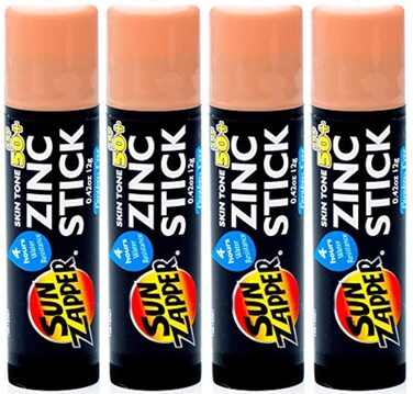Sun Zapper Zinc Oxide Sunscreen Stick SPF 50+ Light Skin Tone &ndash; 4-Pack (0.42 oz each) &ndash; Water-Resistant Mineral Sunblock with Vitamin E &amp; Aloe Vera &ndash; Made in Australia