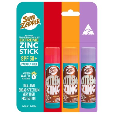 Sun Zapper Extreme Zinc Stick Triple Pack &ndash; SPF 50+ Water Resistant Sunscreen &ndash; Red, Orange, Purple &ndash; 15g Each &ndash; Made in Australia