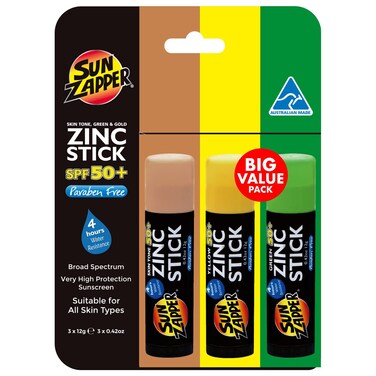 Sun Zapper Zinc Oxide Sunscreen Stick &ndash; SPF 50+ &ndash; Skin Tone, Green &amp; Yellow &ndash; 3-Pack &ndash; Water-Resistant Sun Protection for Face &amp; Body &ndash; 12g Each &ndash; Made in Australia