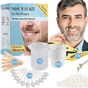 120g Nose Wax Kit with 30 White Applicators, 20 Mustache Guards, 20pcs Paper Cups, Painless Nose Hair Removal for At Least 20 Times Usage, Nose Hair Waxing Kit for Men and Women