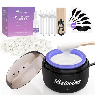 Nose Wax Kit, Mini Wax Warmer Kit for Eyebrow Ear Hair Removal, Portable Wax Melter Waxing Machine Kit with 50g Wax, 6 Applicators, 6 Nose Hair Sticks, 6 Mustache Protectors for Women Men - Black