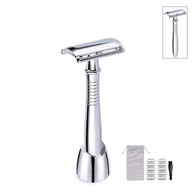 Heavy Duty Chrome Double Edge Safety Razor &amp; Base Stand Long Handle Lengthen Version w/ 10 Platinum Super Sharp Blades + Mini Cleaning Brush &amp; Pouch Manual Wet Shaving Gift Set for Men &amp; Women