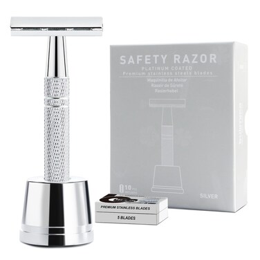 Double Edge Safety Razor with Stand, Reusable Metal Single Blade Razors for Men and Women, with 10 Platinum Coated Double Edge Safety Razor Blades, Women's Safety Shaving Razors, Silver