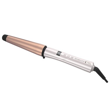 REMINGTON SHINE THERAPY Curling Wand, Infused with Argan Oil &amp; Keratin, 1-1 &frac12; Inch Tapered Curling Iron for Tousled Waves, includes Heat Glove
