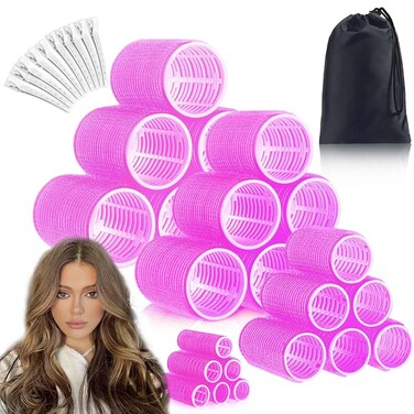Jumbo Hair Rollers Set with Clips 34Pcs Rollers Hair Curlers Blowout Look Hair Roller (Rose Red)