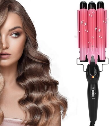 Hair Curling Tongs, 3 Barrel Hair Curler, Tourmaline Hair Curling Iron with 2 Temperature Class, Quick Heating Electric Hair Waver, Hair Styling Tool Golden Hair Crimpers (22mm-)