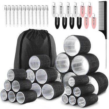 50Piece Hair Rollers set,Self Grip Hair Curlers for Long Medium Short Hair,(6 Jumbo + 6 Large + 6 Medium + 6 Small Hair Rollers + 1 Storage Bag) and 24Pcs Hair Clips /4-sizes 60 45 36 25mm