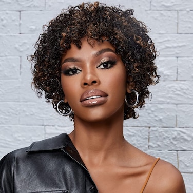 Short Curly Wigs for Black Women Brazilian Virgin Human Hair Wigs for Middle Aged Black Women Black Mix Medium Brown Highlight Color 150% Density Regular Wig Machine Made Glueless Wig No Lace Wig