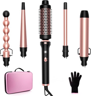 5 in 1 Curling Iron with Interchangeable Ceramic Barrels 0.5-1.5 Inch, Curling Wand Set with Thermal Brush &amp; EVA Travel Case, Dual Voltage Instant Heat Up Hair Curlers, Womens Gifts