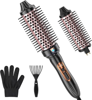 Thermal Brush 2 in 1 Set, Ionic Heated Round Curling Brush Create Volume &amp; Smoother Hair Style for Fully Dried Hair, Ceramic Fast Heating Curling Iron