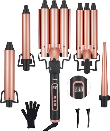 5 in 1 Curling Iron Set: Ohuhu Curling Wand Set with 2 Three-Barrel Curling Irons 3 Interchangeable Ceramic Barrels 0.35-1.25 Inch LED Display Temperature Adjustment Heat Protective Glove for Women