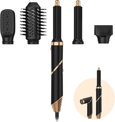 TAHSHINE 5-in-1 Hair Styling Set: Blow Dryer Brush, Auto Wrap Curler, Detachable Brushes for Straightening, Curling &amp; Styling - Electric, Foldable Design