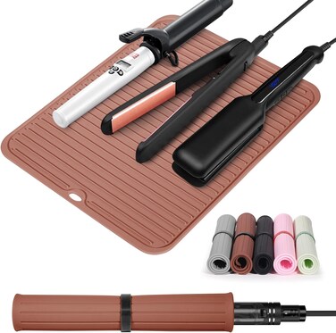 Quccefods Heat Resistant Mat, Large Silicone Hot Hair Tools Mat for Curling Irons Flat Iron Hair Straightener, Vanity Mat Organizers, 14.1 inches x 11.02 inches, Brown