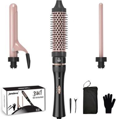 javelove 3 in 1 Curling Iron Set with Thermal Brush (1.5") and 2 Interchangeable Ceramic Curling Wand(0.51"-1"), 2 Temp Heating Setting, Include Heat Protective Glove &amp; 2 Clips&amp; Storage Bag