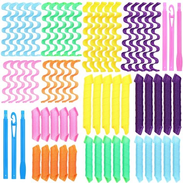 60 Pcs Heatless Wave Curlers No Heat Hair Curlers Rollers Spiral Curls Styling Kit 2 Styles Curlers 22'' 18'' 12'' No Heat Wave Curlers DIY Wave Rollers for Women Short Long Hair with 2 Styling Hooks