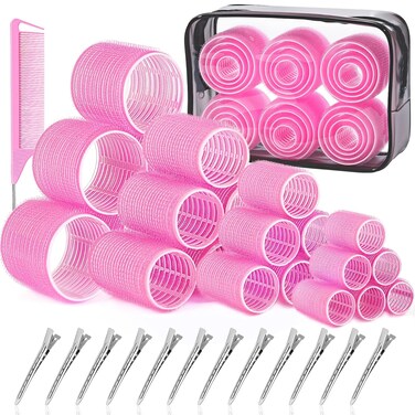 IKOCO Hair Rollers Set, 4 Sizes with 12 Clips and Comb - Self Grip Curlers for Long/Short Hair, Thermal Safe Rollers for Salon-Worthy Styling (Pink/Purple)