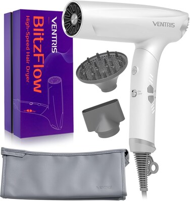 VENTRIS Ionic Hair Dryer Magnetic Diffuser,High Speed Styling Blow Dryer, Lightweight &amp; Foldable for Travel Hair Dryer, Positive Negative Ion blowdryer, Hair Dryer