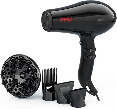 Professional Salon Hair Dryer Powerful 1875W Ceramic Tourmaline Blow Dryer Negative Ions Compact Hair Dryer with Diffuser &amp; Comb &amp; 2 Concentrator Nozzles, Black