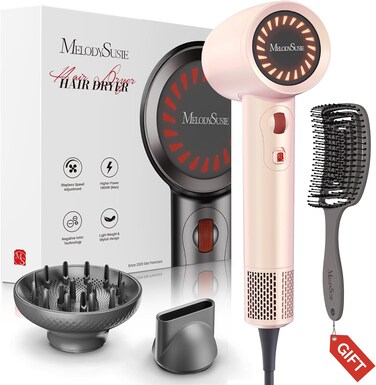 MelodySusie Hair Dryer with Diffuser,1600W Powerful Ionic Blow Dryer with Diffuser,Nozzle and Hair Brush,3 Temps &amp; Stepless Speed,120000 RPM Fast Drying Low Noise Hairdryer,Ideal for Women Curly
