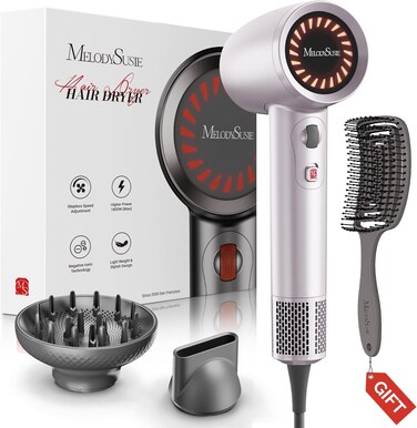 MelodySusie Hair Dryer with Diffuser,1600W Powerful Ionic Blow Dryer with Diffuser,Nozzle and Hair Brush,3 Temps &amp; Stepless Speed,120000 RPM Fast Drying Low Noise Hairdryer,Ideal for Women Curly