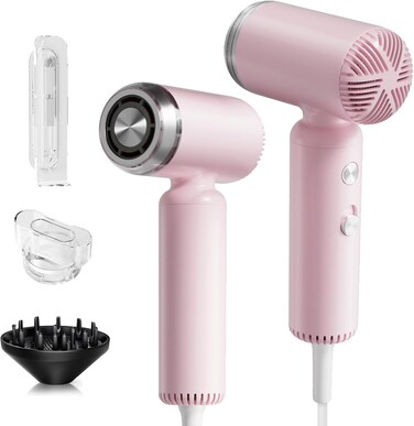 Hair Dryer, [Super Mini] Ionic High-Speed Travel Blow Dryer with Diffuser 200 Million Negative Ions, 110,000RPM Brushless Motor for Home Salon Fast Drying Portable Lightweight, Pink