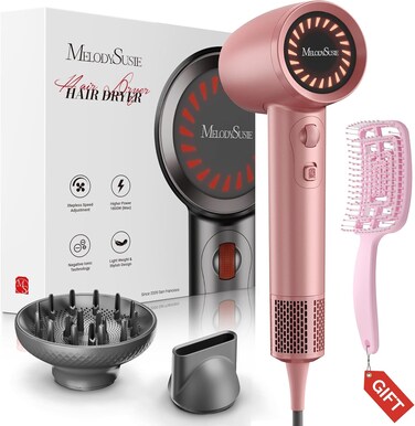 MelodySusie Hair Dryer with Diffuser,1600W Powerful Ionic Blow Dryer with Diffuser,Nozzle and Hair Brush,3 Temps &amp; Stepless Speed,120000 RPM Fast Drying Low Noise Hairdryer,Ideal for Women Curly