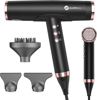 slopehill Professional Hair Dryer, Ionic Hair Dryer with Diffuser, Lightweight Compact Powerful &amp; Fast Salon Blow Dryer with High Speed Brushless Motor, Travel Hair Dryer, Women &amp; Men (Ceramic, Black