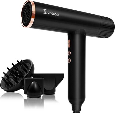 Nicebay Ionic Hair Dryer with Diffuser, Professional Blow Dryer with 3 Attachments, 110000RPM High-Speed Brushless Motor for Fast Drying, Lightweight, Low Noise, 1600W